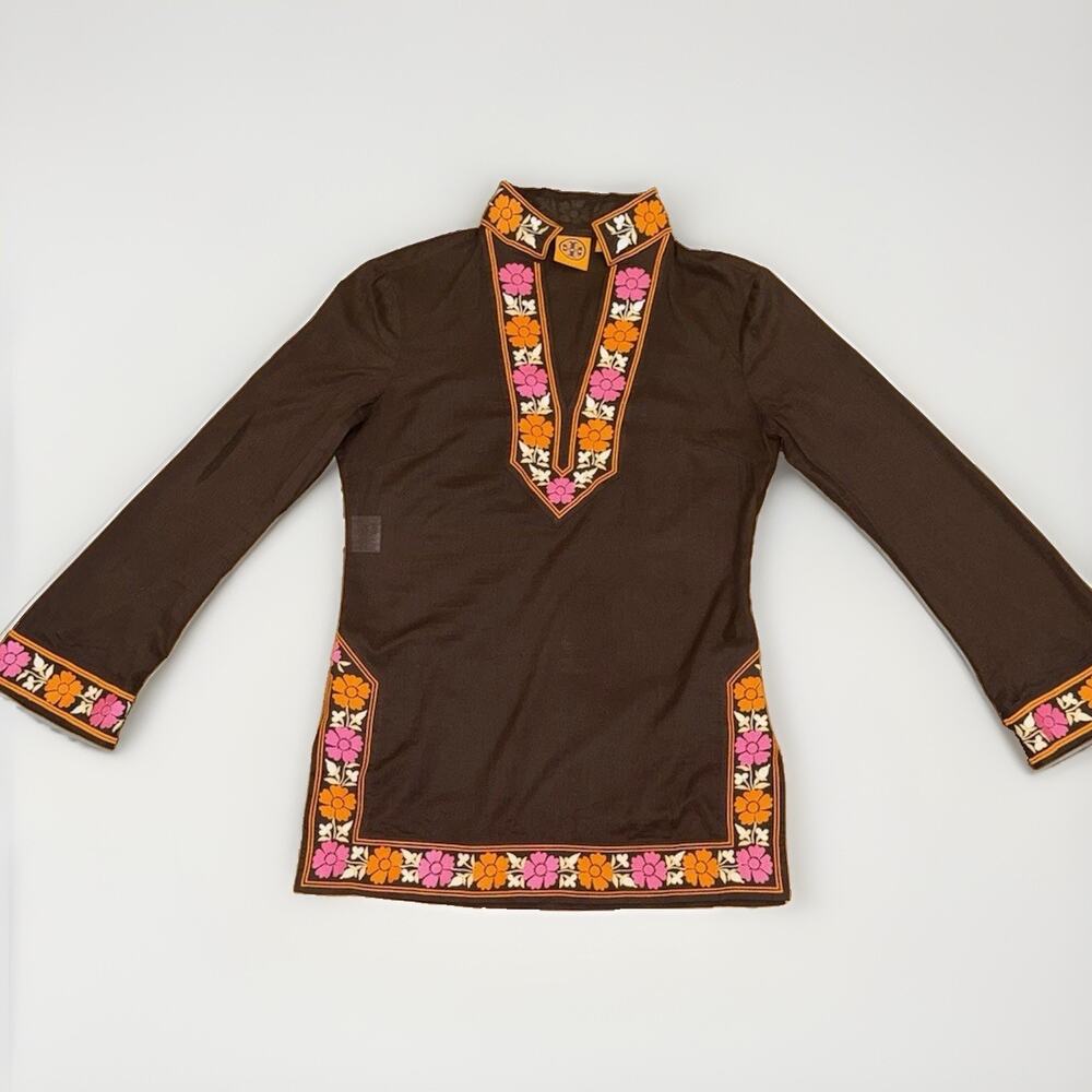 TORY BURCH Brown Cotton Tunic Long Sleeve Embroidered Shirt Size S